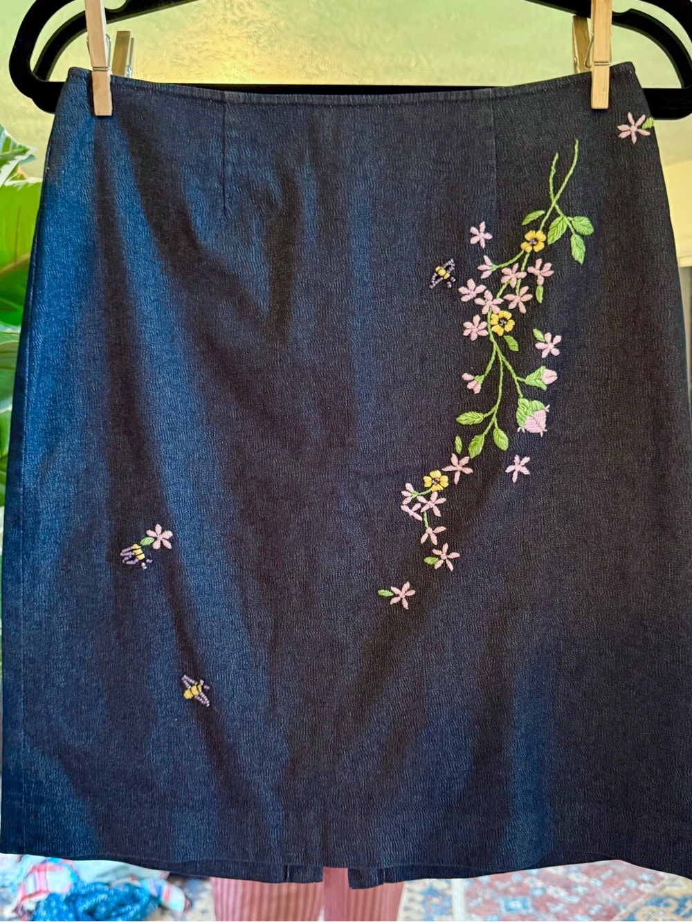 RF Rafaella floral embroidered & beaded denim skirt
